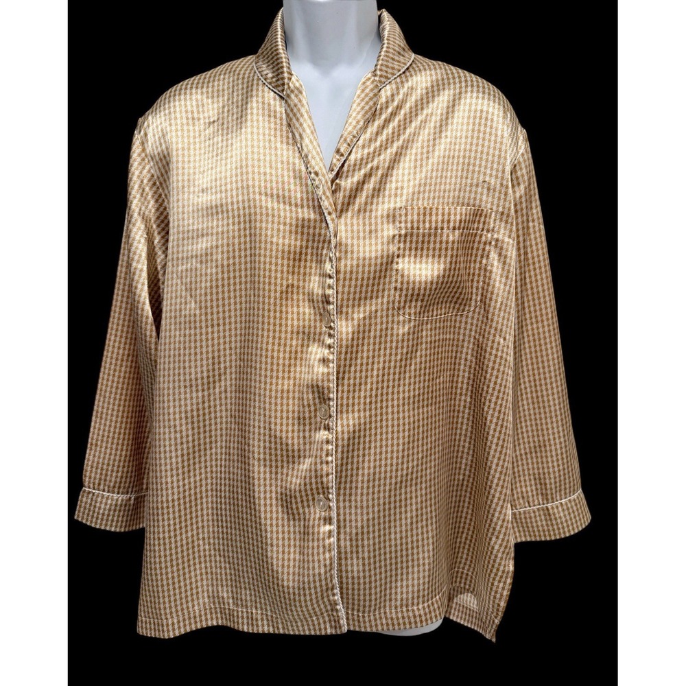 VTG CHRISTIAN DIOR Pajama Top Satin Gold Houndstooth Silk Lounge Shirt 24" PTP - Picture 2 of 10